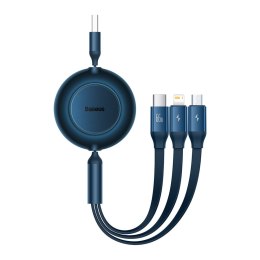Zwijany kabel przewód 3w1 USB microUSB + Iphone Lightning + USB-C 66W 1.1m niebieski