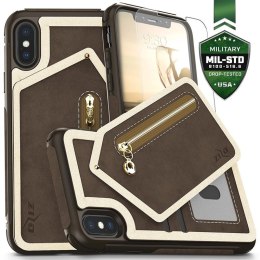 Zizo Nebula Wallet Case - Skórzane etui iPhone X z kieszeniami na karty + saszetka na zamek + szkło 9H na ekran (Dark Brown/Brow