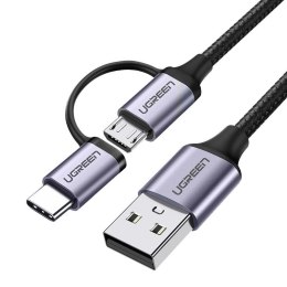 2w1 Kabel przewód w mocnym oplocie USB - microUSB + USB-C 1m 2.4A czarny