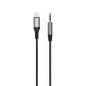 Kabel audio AUX w oplocie bawełnianym iPhone Lightning - mini jack 3.5mm 1m szary