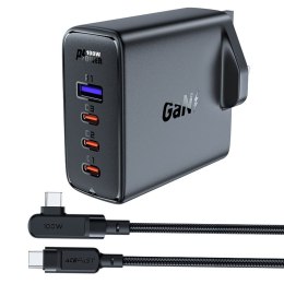 2w1 Kabel i szybka ładowarka sieciowa GaN wtyczka angielska UK 100W PD 3x USB-C USB czarna