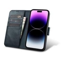 2w1 etui skórzany pokrowiec z klapką iPhone 14 Pro Max Anti-RFID Oil Wax Wallet Case niebieski