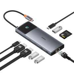 10w1 HUB Adapter USB-C do HDMI / USB-A / USB-C / RJ45 / SD / TF / USB-C PD szary